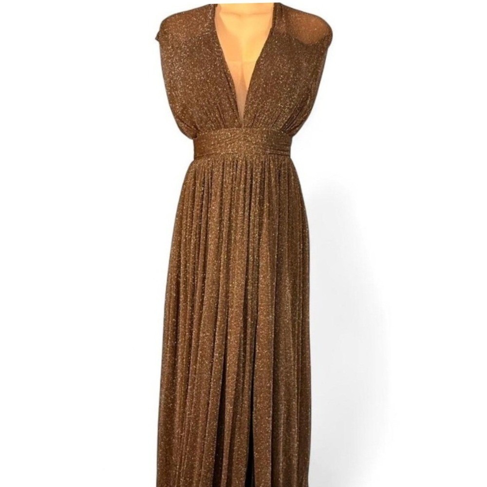 Miss Ord Maxi Dress Women XS Gold Brown New Shimmer Plunging V-Neck Open Back